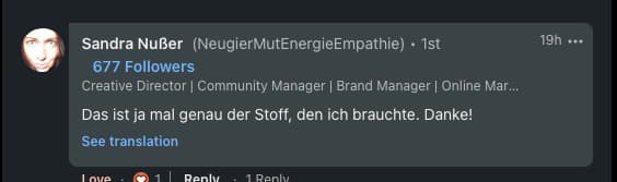 Sandra Nußer, Creative Director & Brand Manager: 'Das ist ja mal genau der Stoff, den ich brauchte. Danke!'