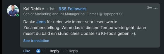 Kai Dahlke, Senior Marketing and PR Manager bei Finmas (Hypoport SE): 'Danke Jens für deine wie immer sehr lesenswerte Zusammenstellung.'