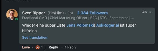 Sven Ripper, Fractional CMO: 'Wieder eine super Liste Jens Polomski! AskRoger.ai ist super hilfreich.'