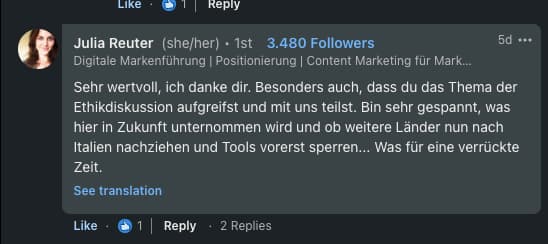 Julia Reuter, Digitale Markenführung & Content Marketing: 'Sehr wertvoll, ich danke dir. Besonders auch, dass du das Thema der Ethikdiskussion aufgreifst und mit uns teilst.'