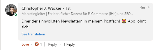 Christopher J. Wacker, Marketingleiter & Dozent für E-Commerce: 'Einer der sinnvollsten Newslettern in meinem Postfach! Abo lohnt sich!'