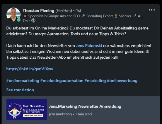 Thorsten Piening, Specialist in Google Ads and SEO: 'Den Newsletter von Jens Polomski kann ich nur wärmstens empfehlen. Bin selbst seit einigen Wochen neu dabei und es sind echt immer gute Ideen & Tipps dabei!'