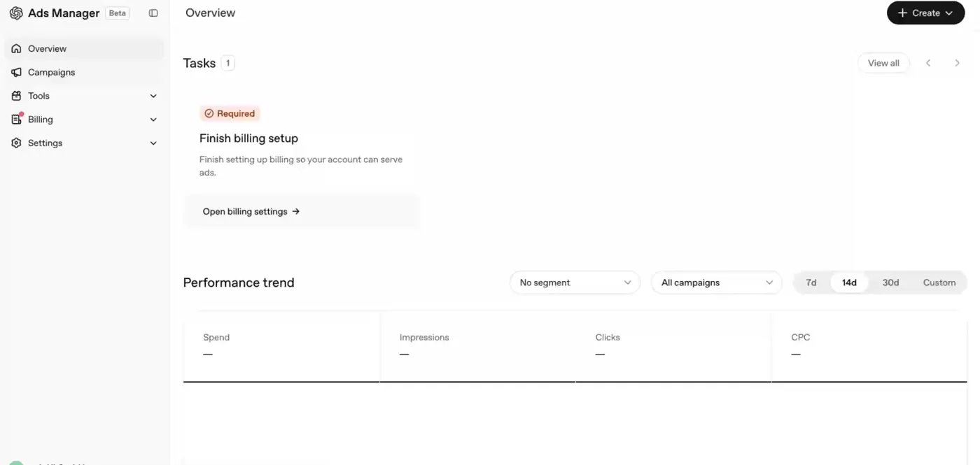 OpenAI Ads Manager Overview mit Tasks und Performance-Trend