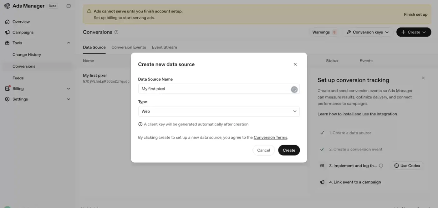 Dialog Create new data source im OpenAI Ads Manager