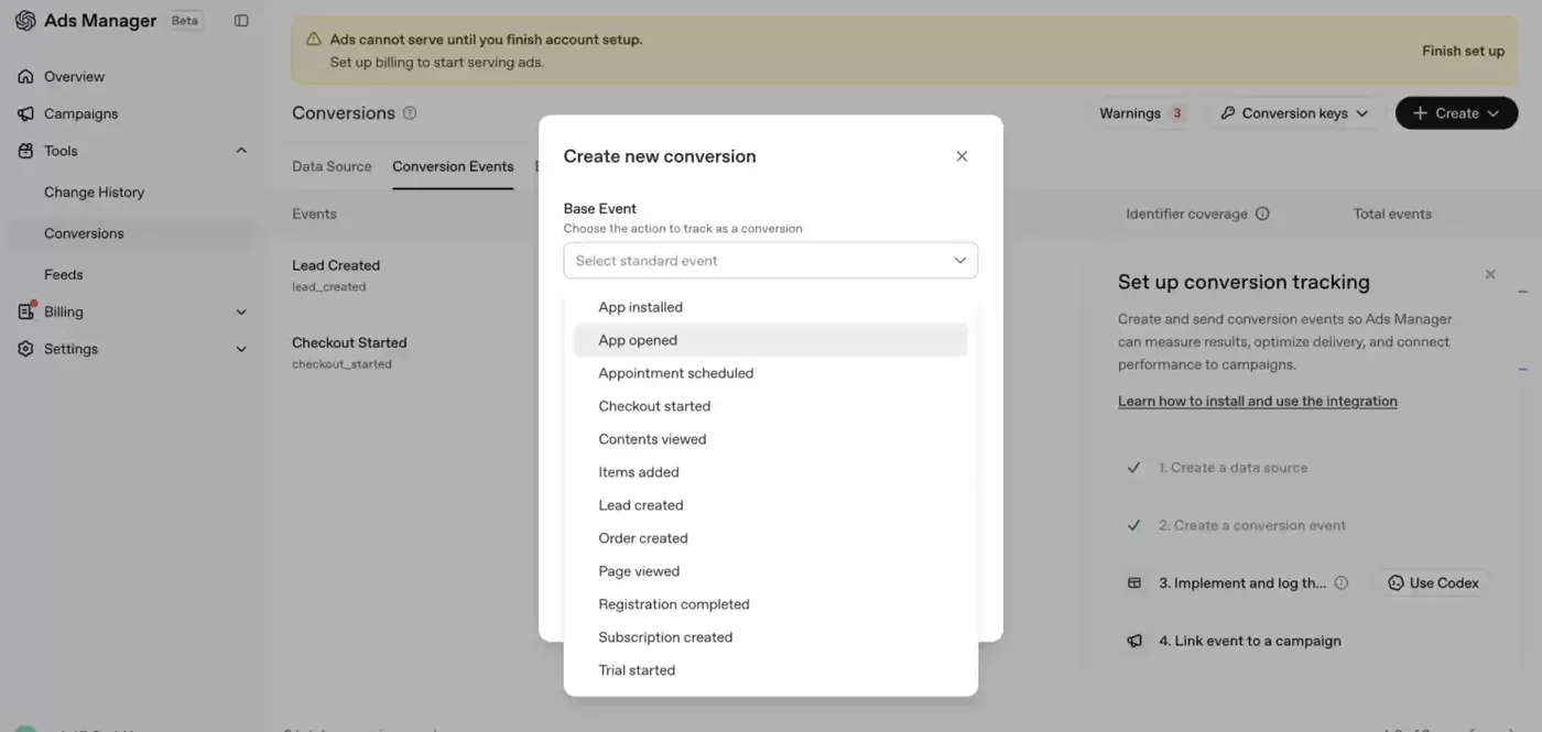 Auswahl des Base-Events beim Anlegen einer Conversion mit Standard-Event-Liste