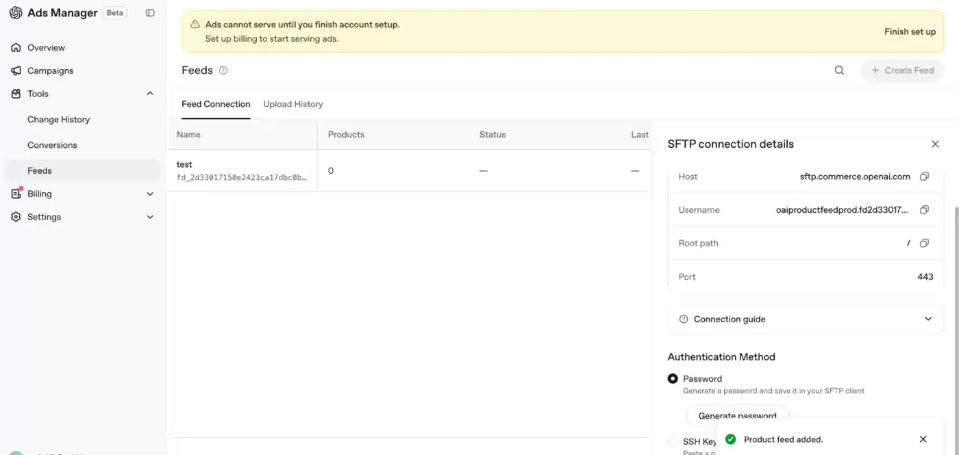 SFTP-Verbindungsdetails für einen Product Feed im Ads Manager