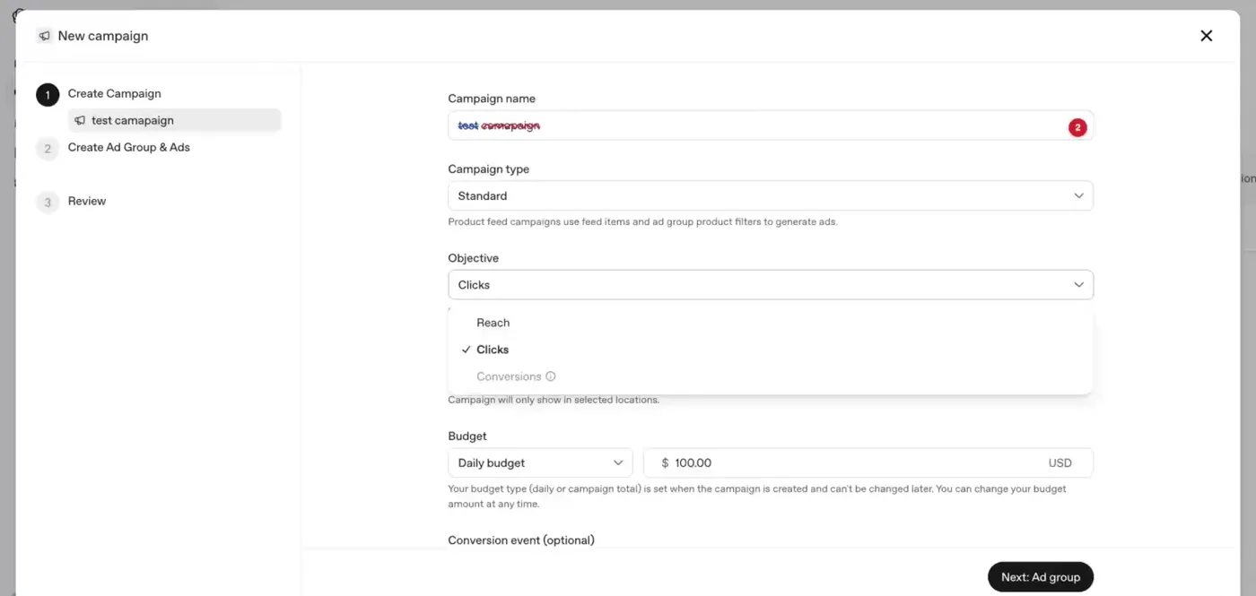 Objective-Dropdown mit Reach, Clicks und ausgegrautem Conversions (soon)