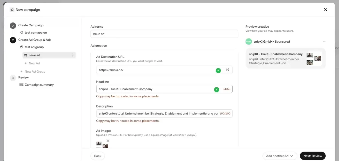 Ad-Editor mit Headline, Description und Live-Vorschau der Sponsored-Anzeige