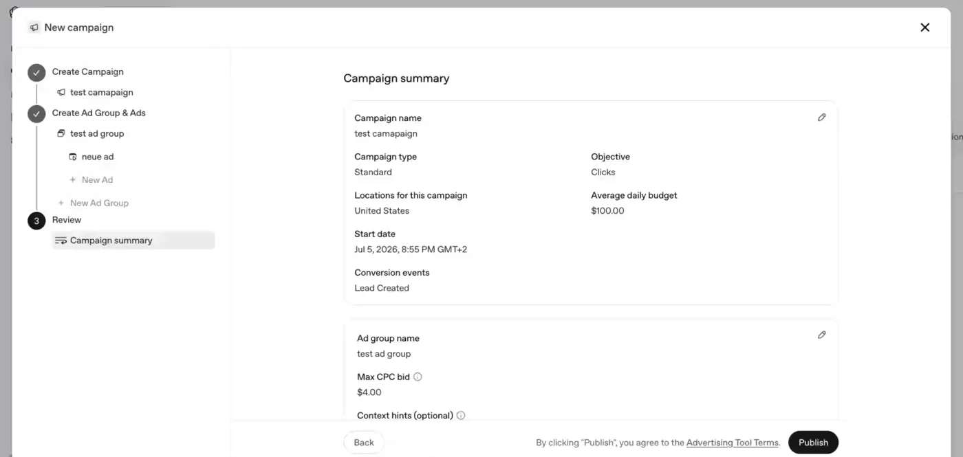 Campaign Summary als letzter Review-Schritt vor dem Publish