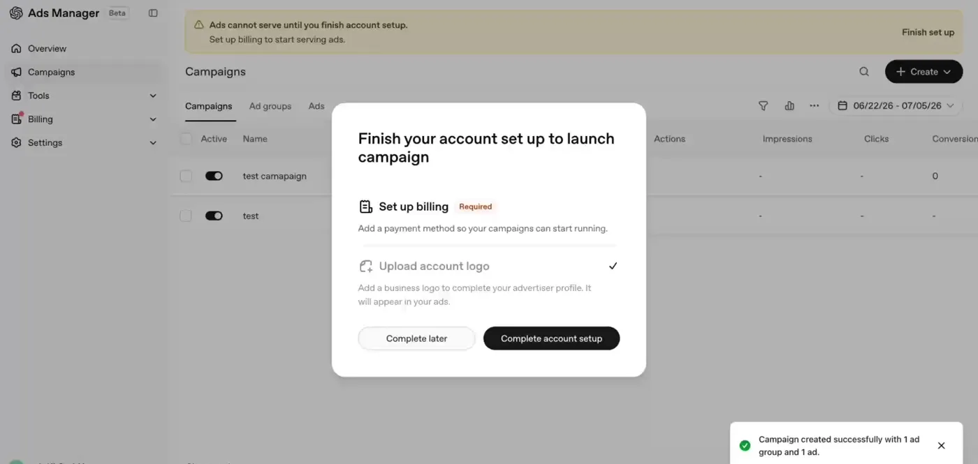 Modal Finish your account set up to launch campaign mit Billing-Aufforderung
