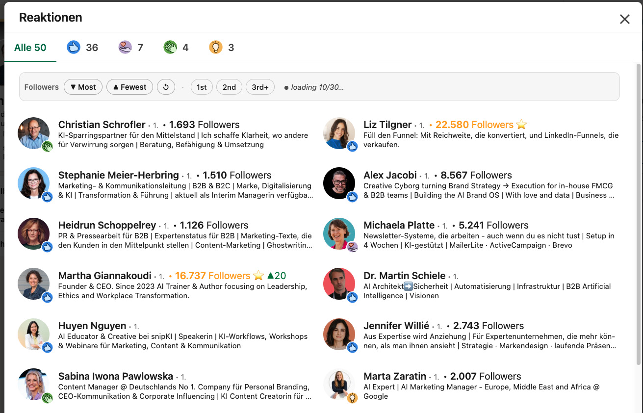 Reaktionen eines LinkedIn-Beitrags, sortiert nach Follower-Zahl, mit Filtern für ersten, zweiten und dritten Verbindungsgrad