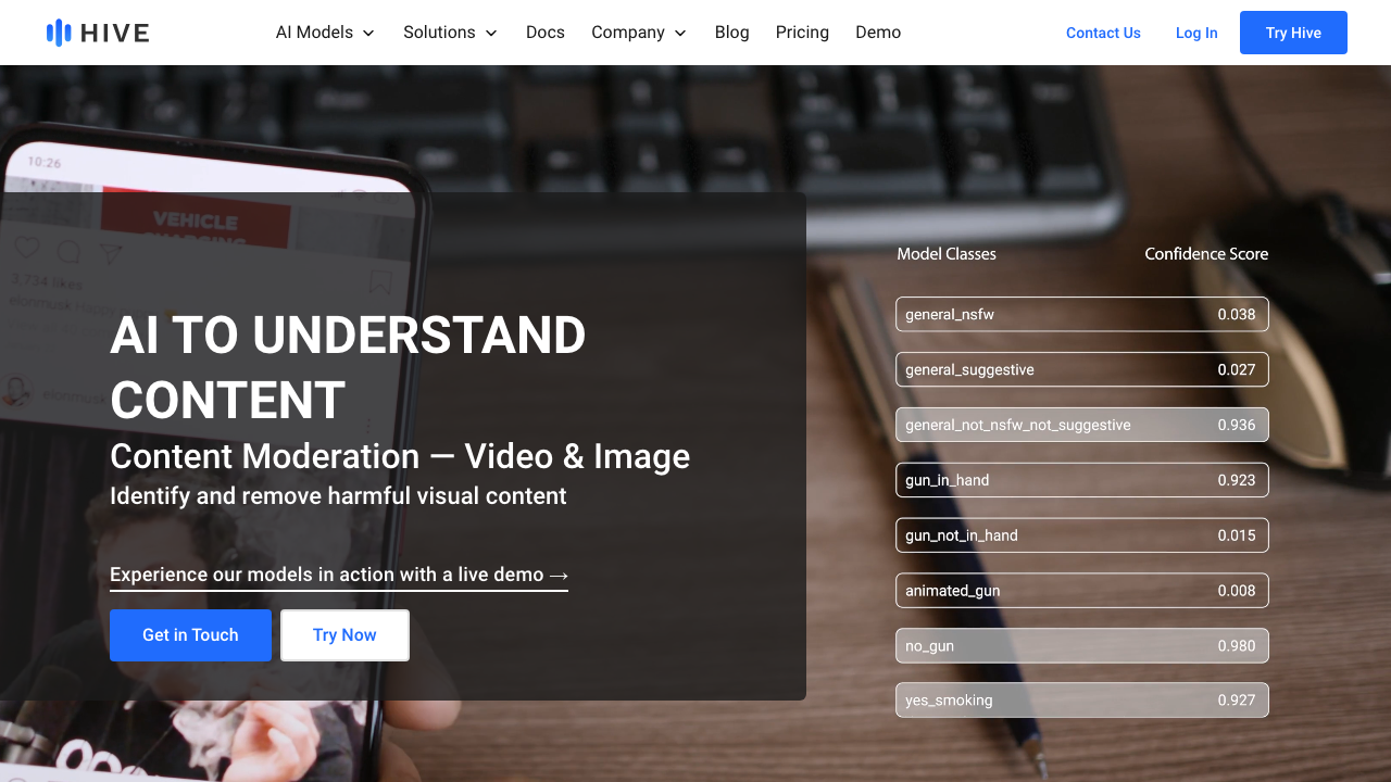 Hive Moderation Landing-Page mit Demo der Content-Erkennung