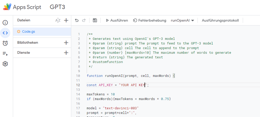 GPT3 in Google Sheets nutzen 4