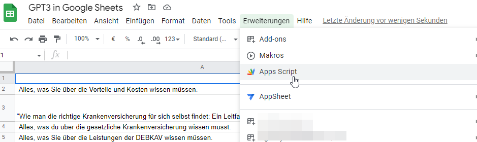 GPT3 in Google Sheets nutzen 3