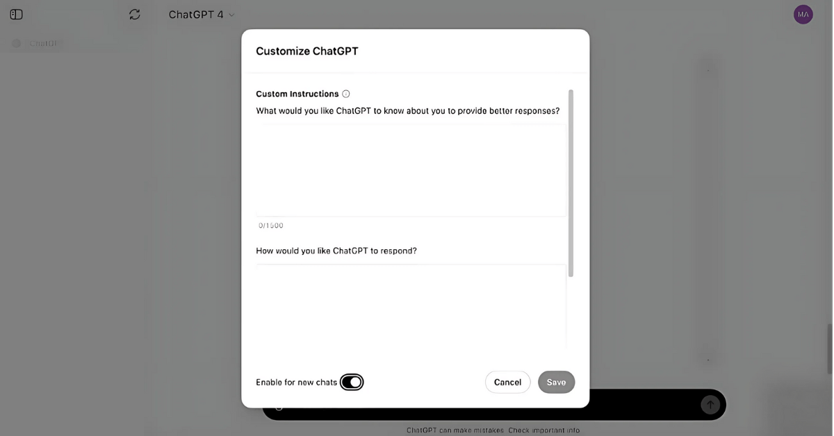 Gib im Abschnitt „How would you like ChatGPT to respond?” die Eigenschaften deines Schreibstils ein.