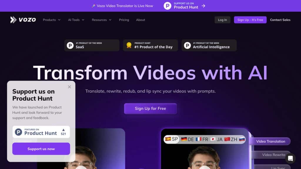 Vozo AI Video Translator: Übersetze Videos präzise in über 30 Sprachen Screenshot