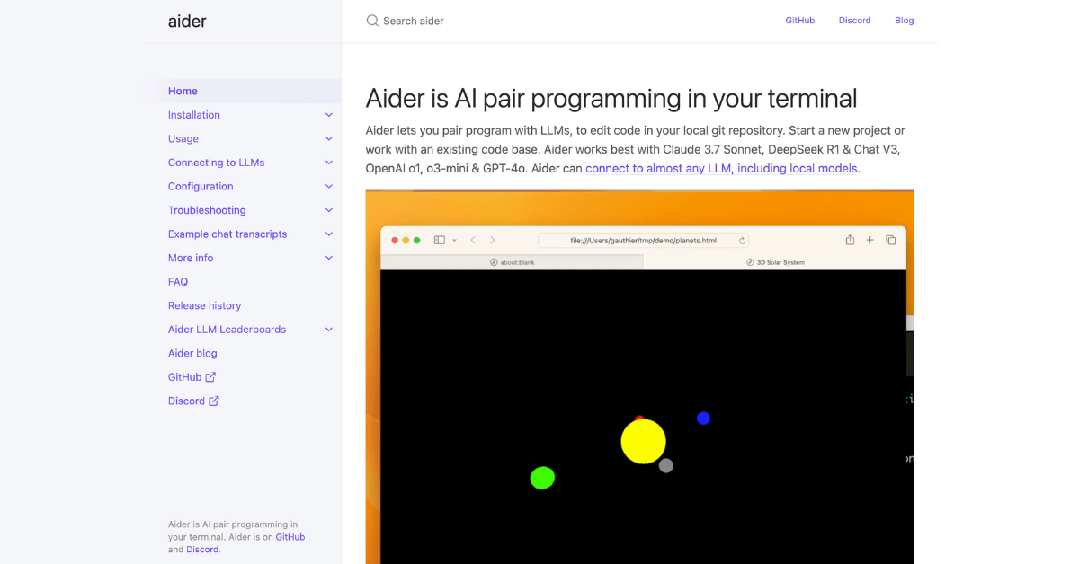 Startseite von Aider mit einem Beispiel für KI-gestütztes Pair Programming im Terminal.