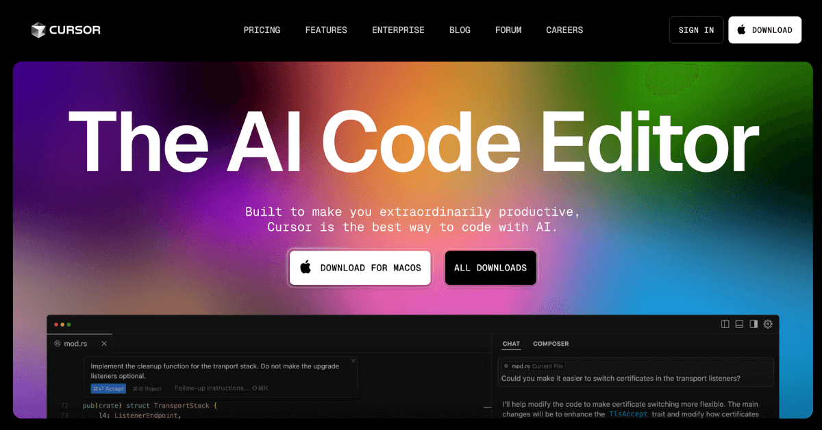 Cursor Startseite mit farbigem Hintergrund und der Überschrift „The AI Code Editor“.