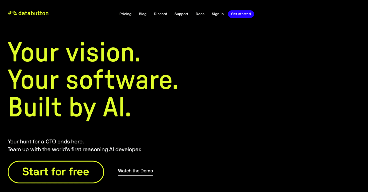 Startseite von Databutton mit dem Slogan „Your vision. Your software. Built by AI.“