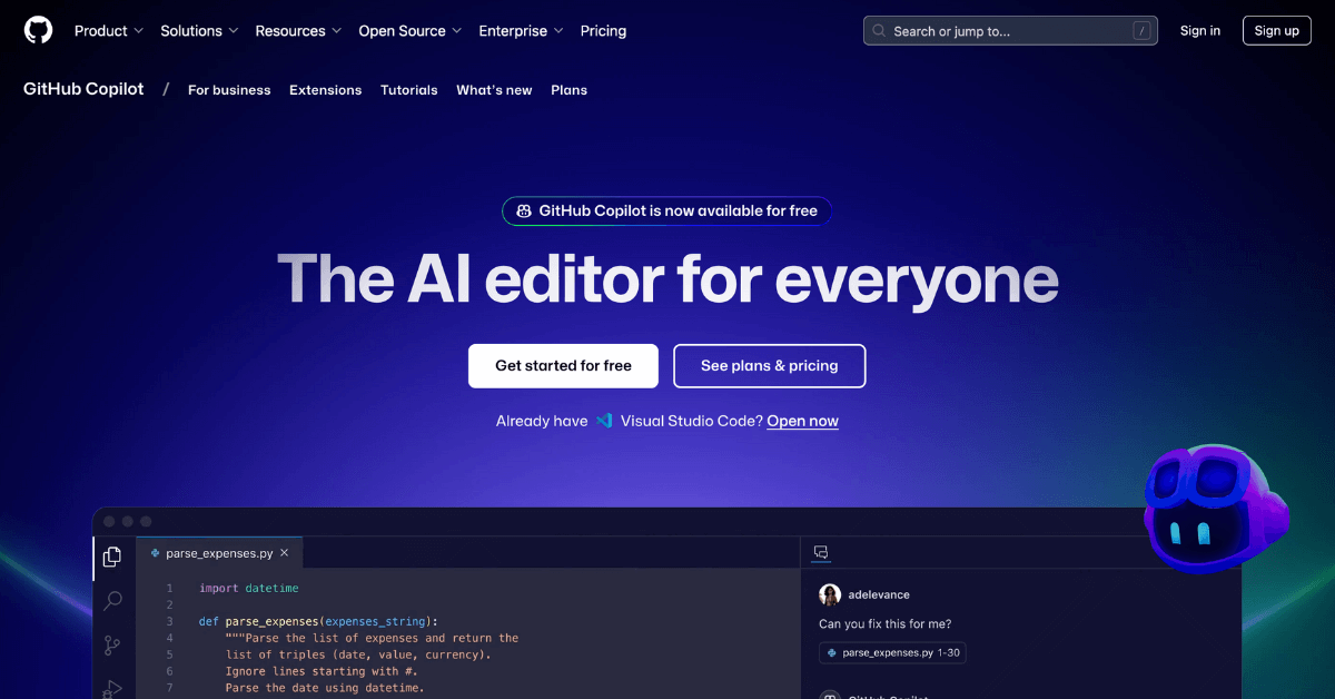 Startseite von GitHub Copilot mit dem Slogan „The AI editor for everyone“.