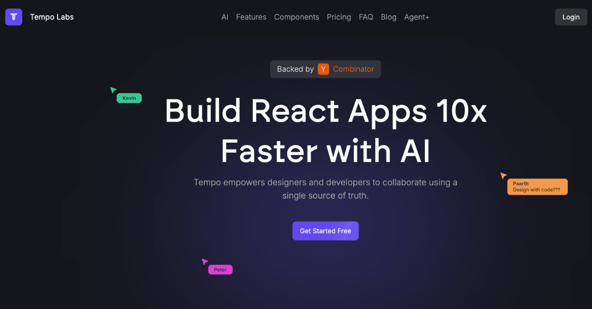 Startseite von Tempo Labs mit dem Slogan „Build React Apps 10x Faster with AI“.