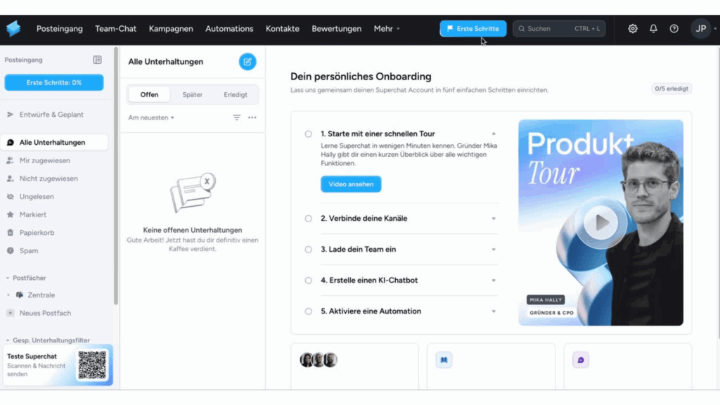 Superchat im Test: Meine Erfahrungen mit der KI-Kommunikationsplattform für WhatsApp und Co 8 Superchat Dashboard mit persönlichem Onboarding-Prozess.