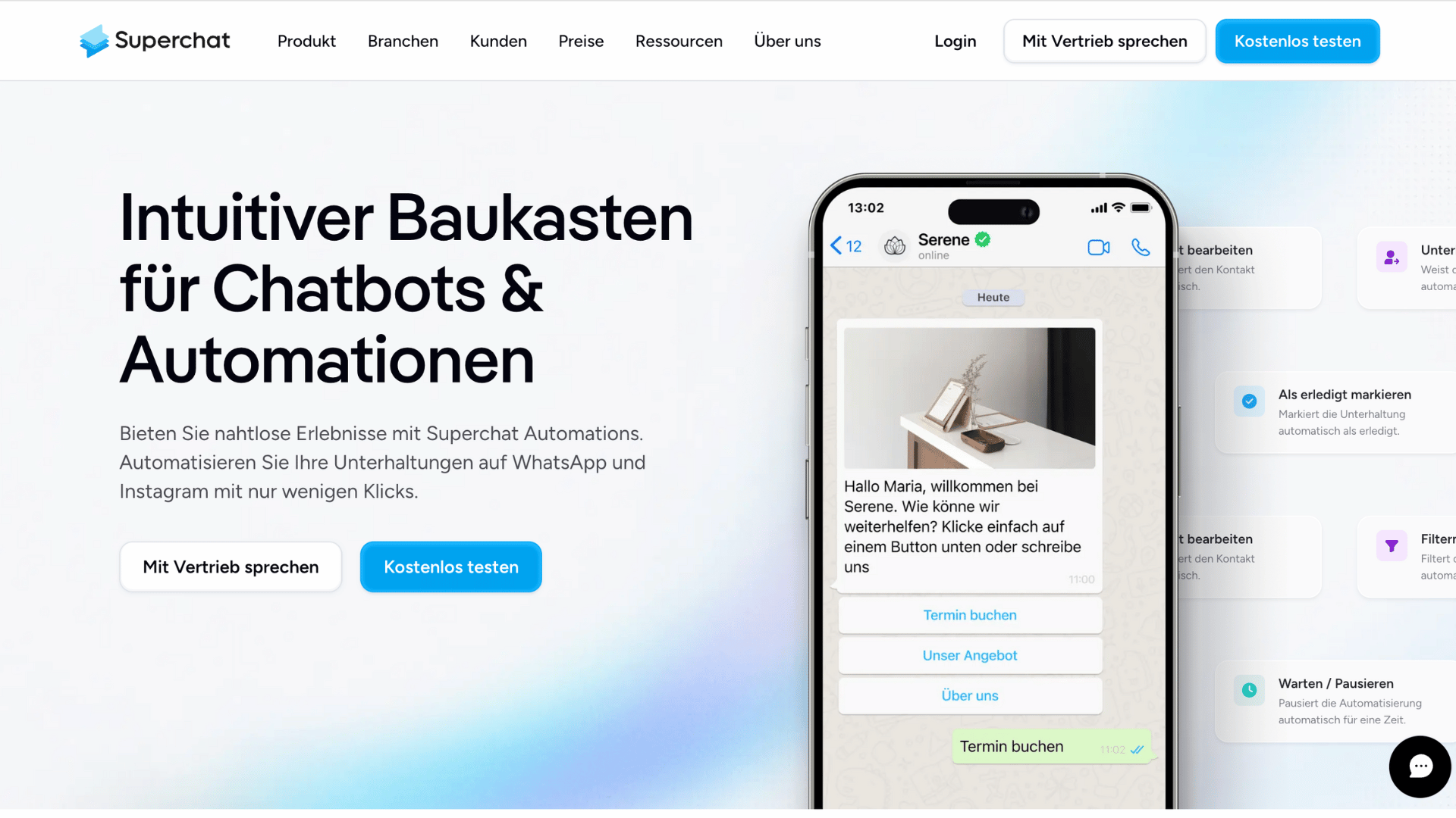 Superchat im Test: Meine Erfahrungen mit der KI-Kommunikationsplattform für WhatsApp und Co 3 Superchat Startseite mit Fokus auf Chatbots und Automationen.