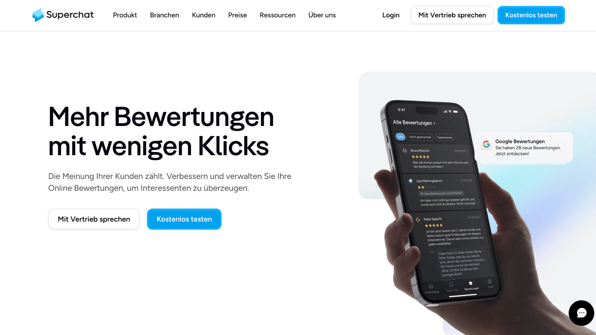 Superchat im Test: Meine Erfahrungen mit der KI-Kommunikationsplattform für WhatsApp und Co 7 Superchat-Seite zum Thema Bewertungsmanagement mit Smartphone-Ansicht.