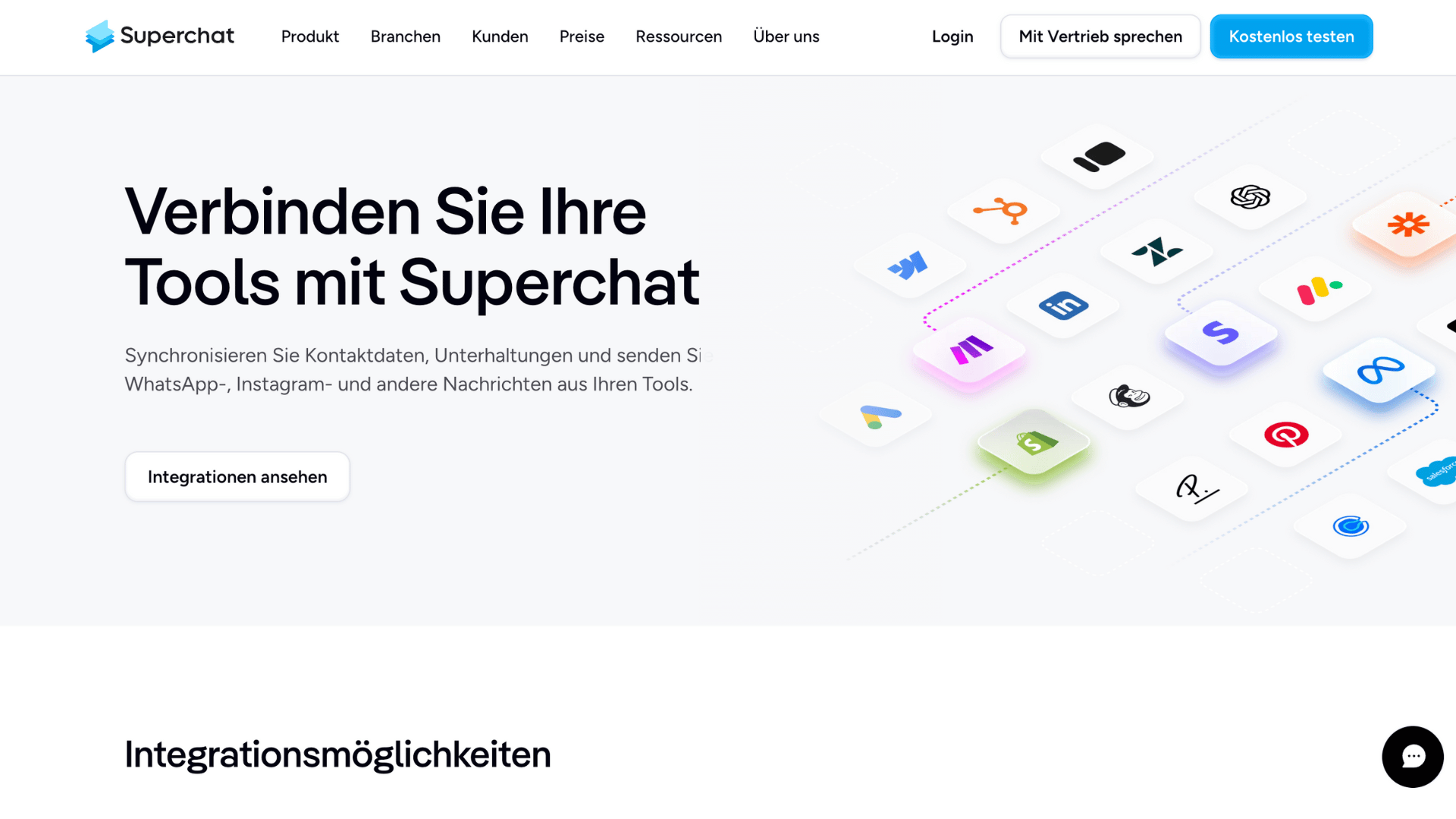 Superchat im Test: Meine Erfahrungen mit der KI-Kommunikationsplattform für WhatsApp und Co 4 Superchat-Integrationsseite mit bekannten Tool-Logos.
