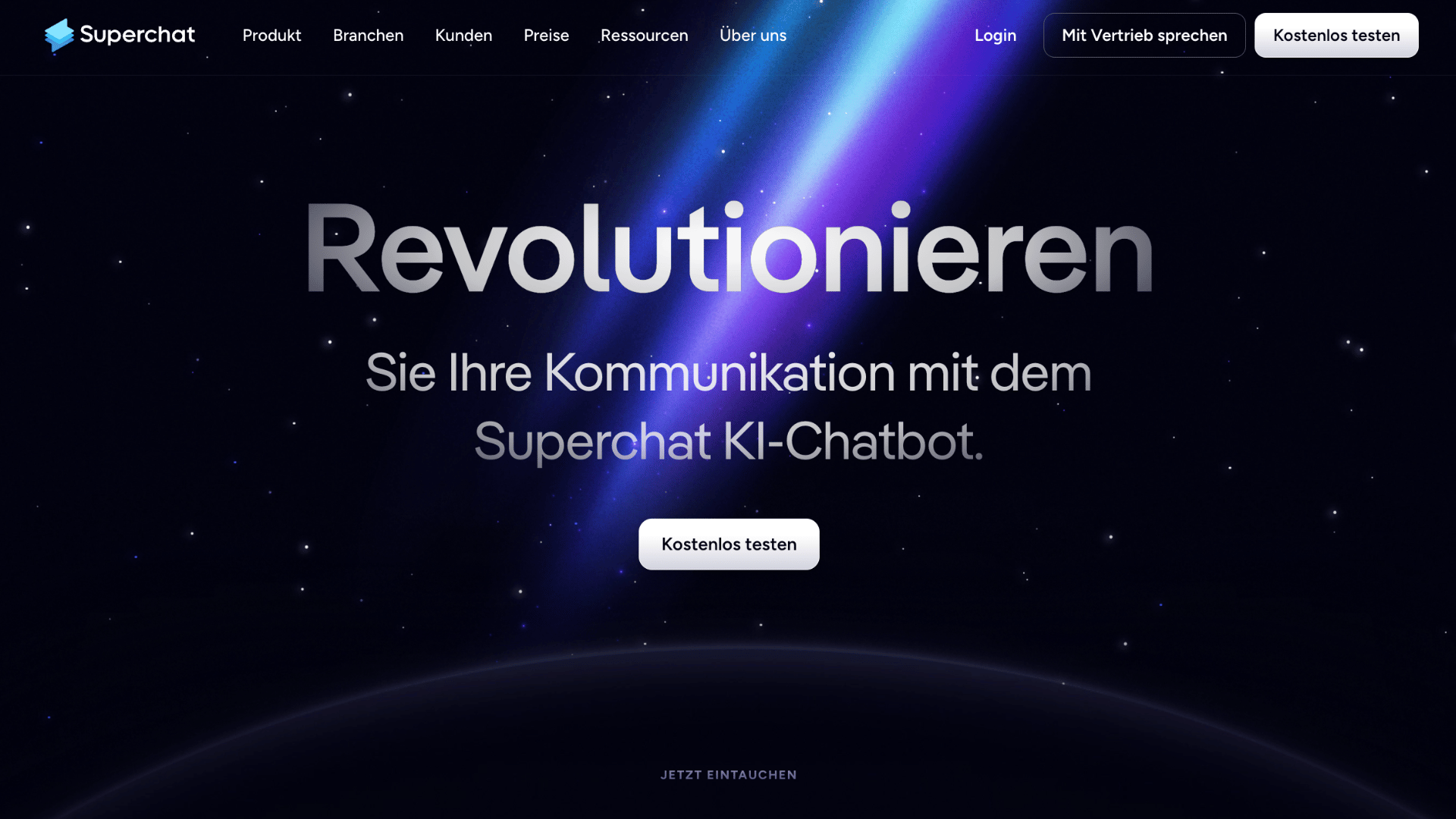 Superchat im Test: Meine Erfahrungen mit der KI-Kommunikationsplattform für WhatsApp und Co 6 Superchat-Webseite zur Bewerbung des KI-Chatbots mit dunklem Hintergrund.