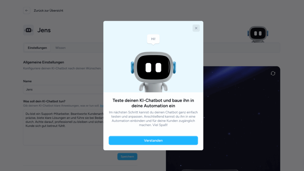 Superchat im Test: Meine Erfahrungen mit der KI-Kommunikationsplattform für WhatsApp und Co 18 Superchat zeigt Hinweis zur Integration des KI-Chatbots in eine Automation.
