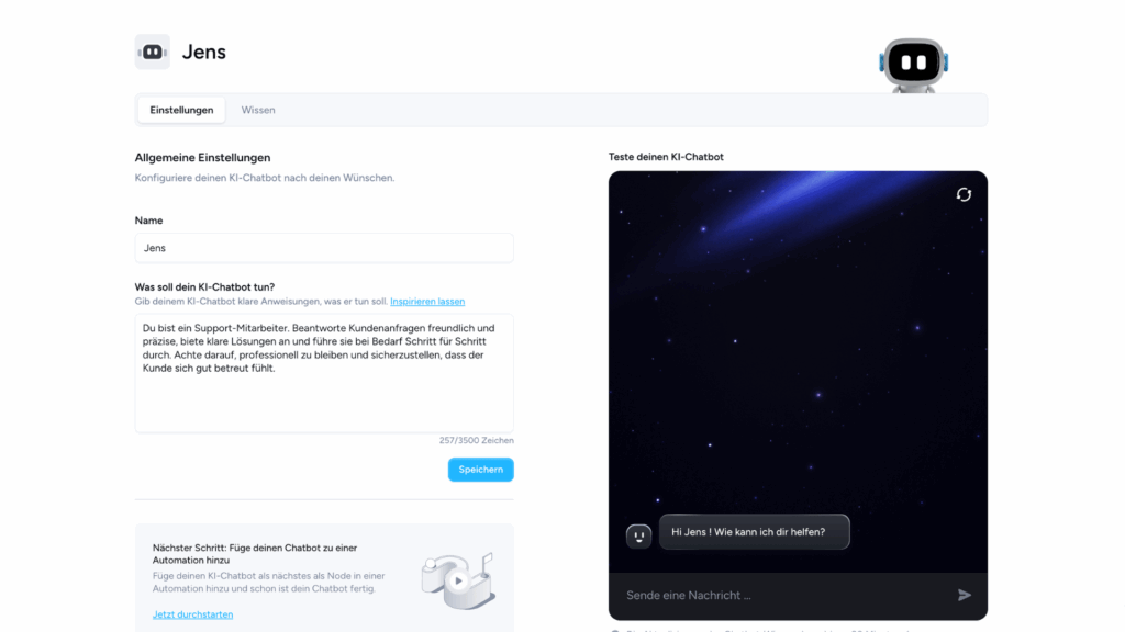 Superchat im Test: Meine Erfahrungen mit der KI-Kommunikationsplattform für WhatsApp und Co 19 Superchat zeigt die Konfiguration eines KI-Chatbots mit Testbereich.