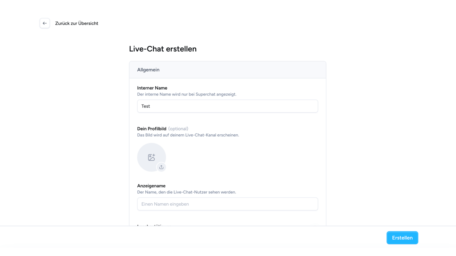 Superchat im Test: Meine Erfahrungen mit der KI-Kommunikationsplattform für WhatsApp und Co 11 Superchat Live-Chat-Erstellungsmaske mit Namensfeld.