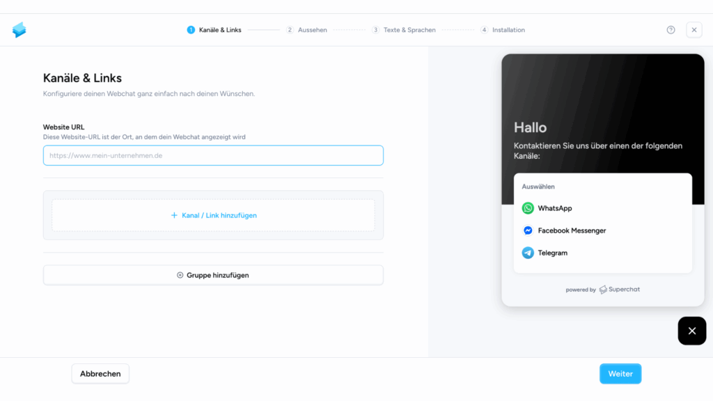 Superchat im Test: Meine Erfahrungen mit der KI-Kommunikationsplattform für WhatsApp und Co 13 Konfigurationsseite für Superchat Webchat mit Kanälen.