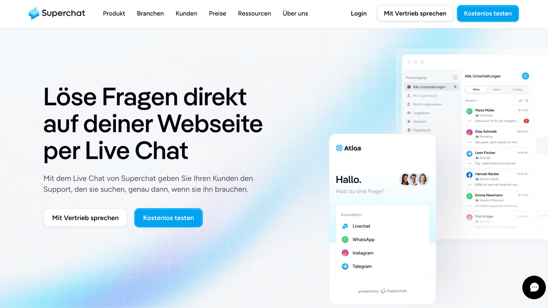 Superchat im Test: Meine Erfahrungen mit der KI-Kommunikationsplattform für WhatsApp und Co 5 Superchat Landingpage zur Live-Chat-Funktion für Webseiten.