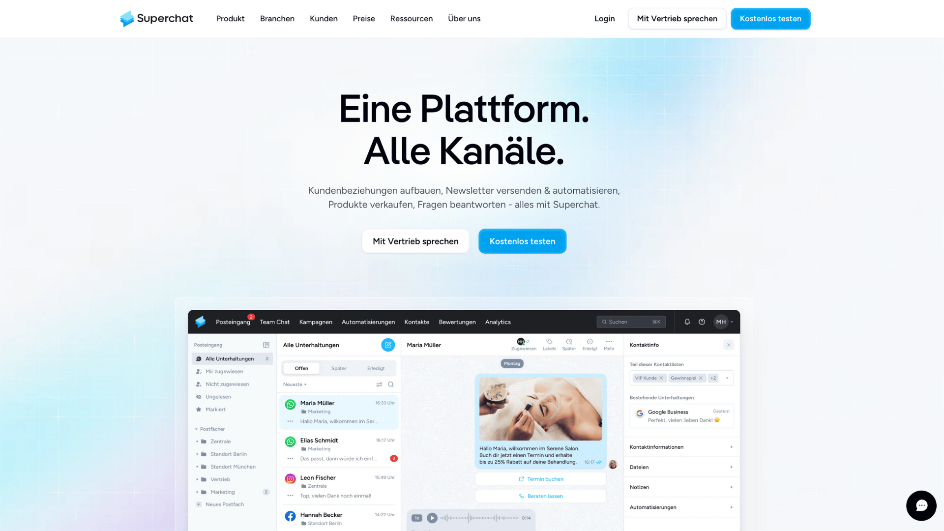 Superchat im Test: Meine Erfahrungen mit der KI-Kommunikationsplattform für WhatsApp und Co 2 Superchat mit zentralem Posteingang für alle Kommunikationskanäle.