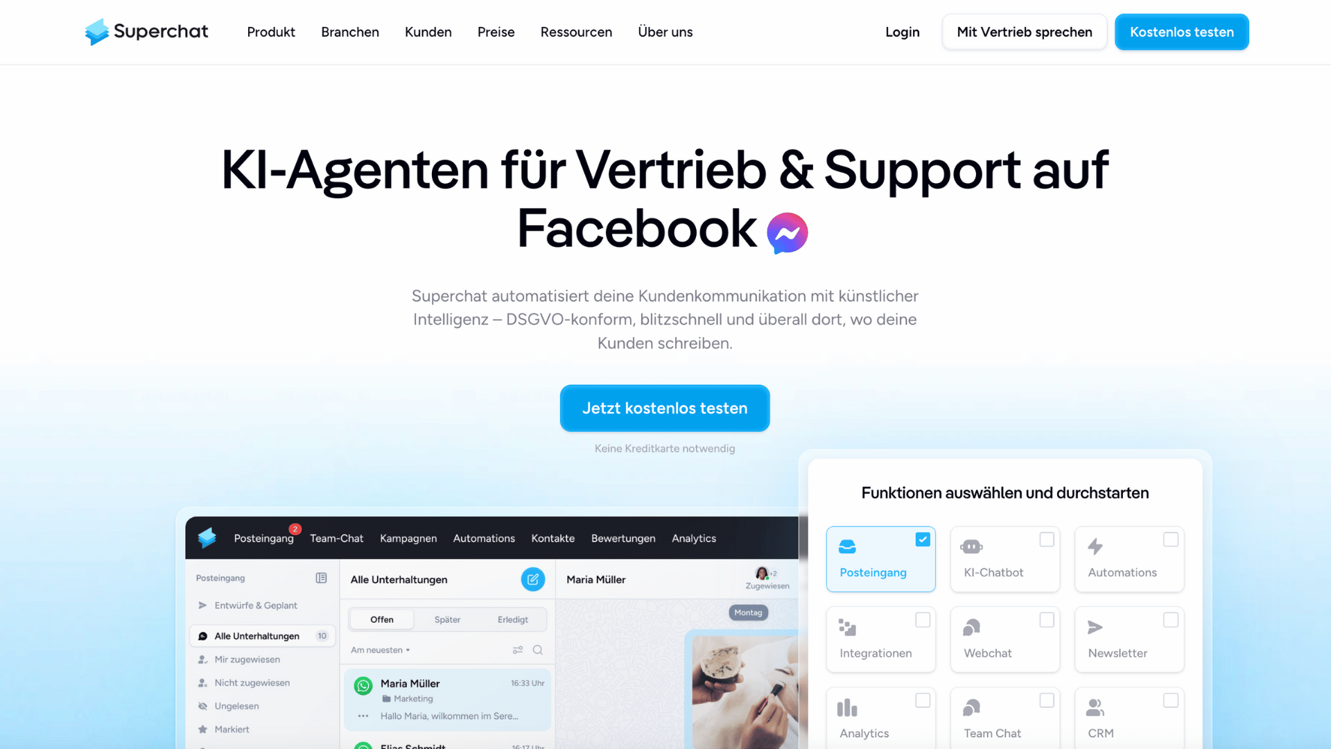 Superchat im Test: Meine Erfahrungen mit der KI-Kommunikationsplattform für WhatsApp und Co 1 Superchat-Webseite zur automatisierten Kundenkommunikation über Facebook Messenger.