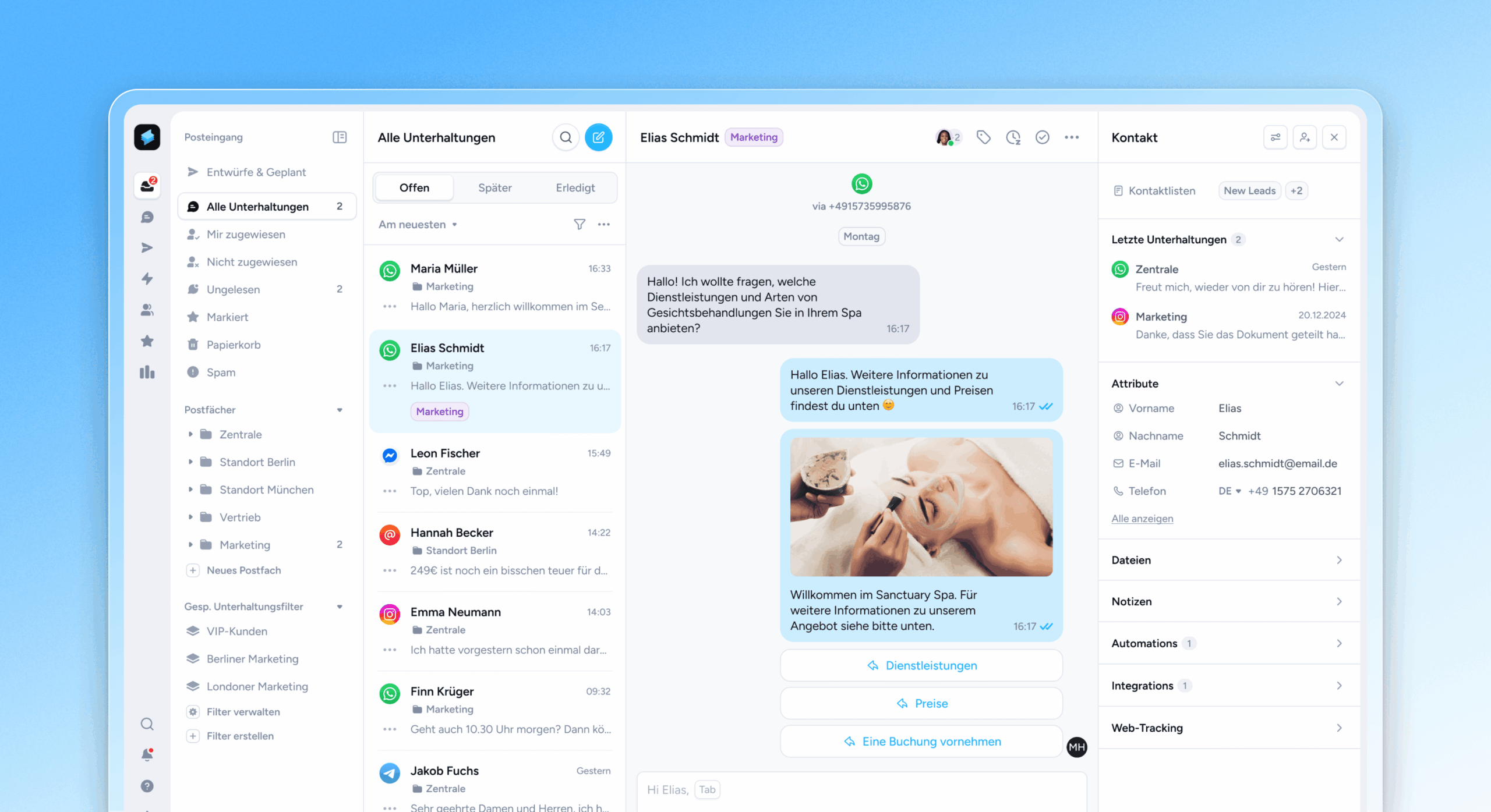 Superchat im Test: Meine Erfahrungen mit der KI-Kommunikationsplattform für WhatsApp und Co 2 Dashboard mit zentralem Posteingang für verschiedene Kommunikationskanäle.