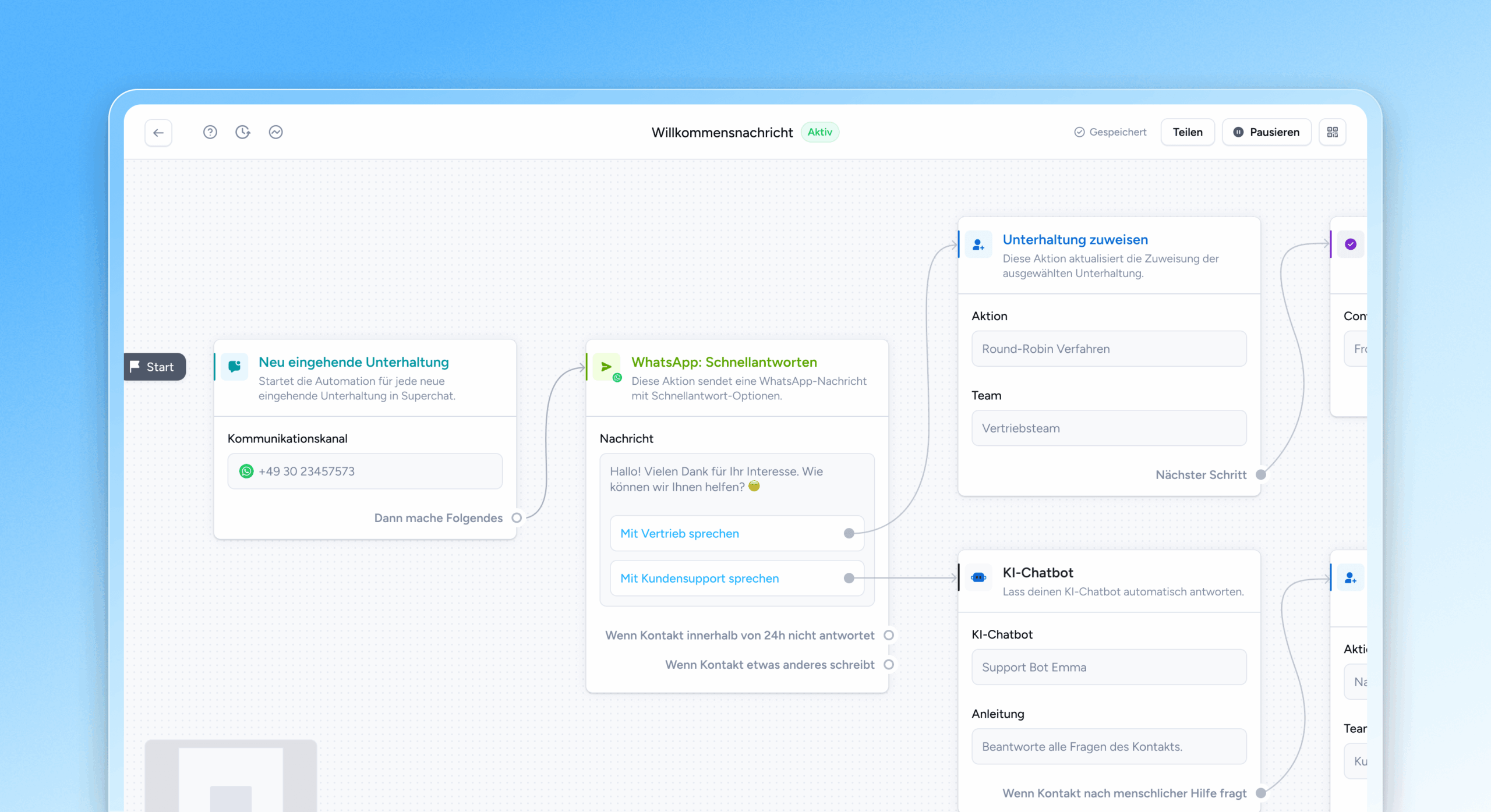 Superchat im Test: Meine Erfahrungen mit der KI-Kommunikationsplattform für WhatsApp und Co 3 Visuelle Automations-Übersicht mit WhatsApp-Schnellantworten und Chatbot-Verknüpfung.