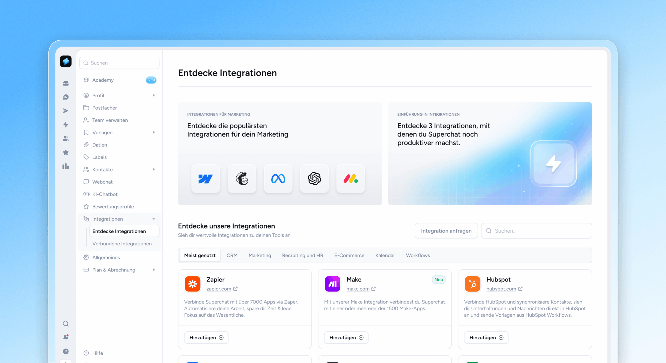 Superchat im Test: Meine Erfahrungen mit der KI-Kommunikationsplattform für WhatsApp und Co 5 Übersicht zu verfügbaren Integrationen mit Tools wie Zapier, HubSpot oder Make.