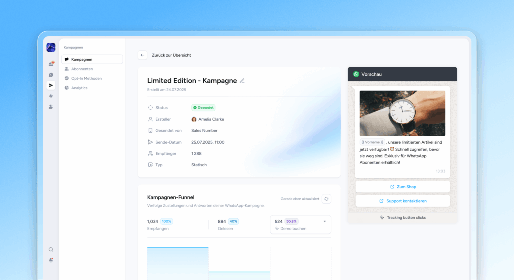 Superchat im Test: Meine Erfahrungen mit der KI-Kommunikationsplattform für WhatsApp und Co 22 Dashboard für eine WhatsApp-Kampagne mit Vorschau und Performance-Daten.