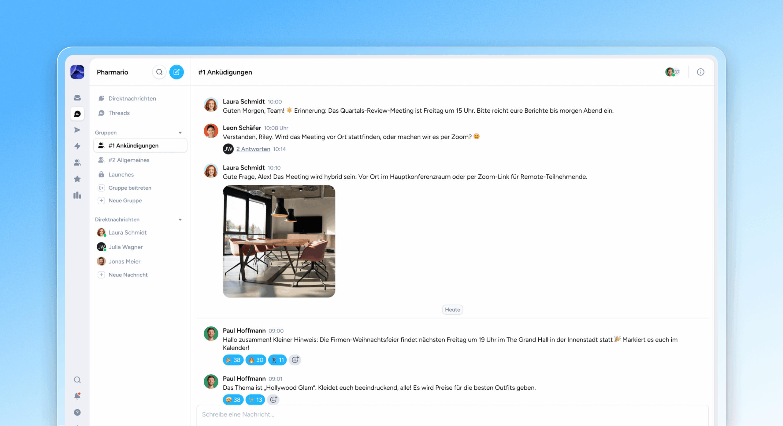 Superchat im Test: Meine Erfahrungen mit der KI-Kommunikationsplattform für WhatsApp und Co 4 Interner Team-Chat mit Gruppennachrichten, Threads und Reaktionen.